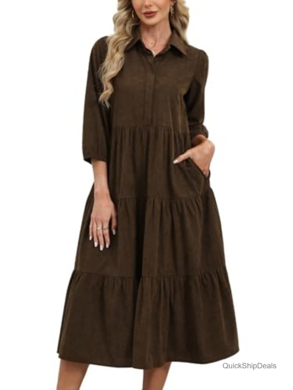 Women's Corduroy Maxi Shirt Dress 3/4 Sleeve Flowy Tiered Ruffle Hem with